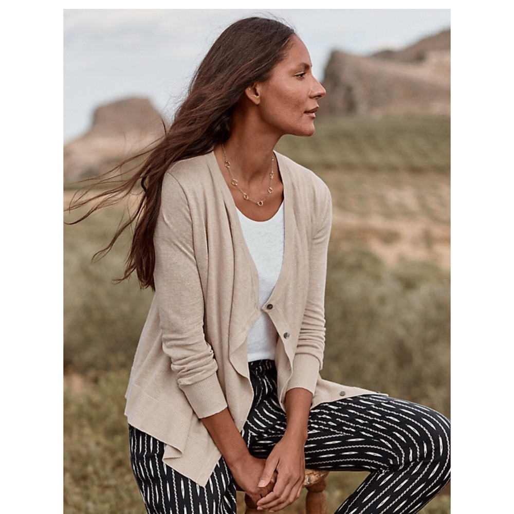 Garnet Hill Easy Linen Drape-Front Cardigan — Tan Heather | XL